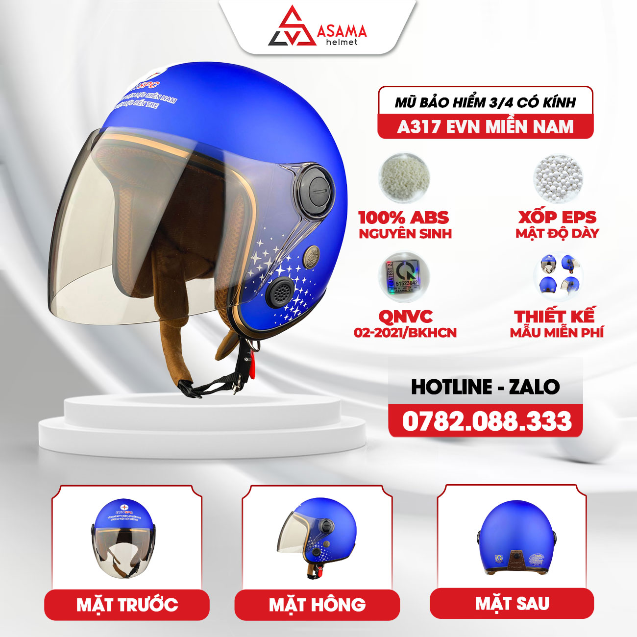 Mũ bảo hiểm 3/4 có kính A317 EVN Miền Nam