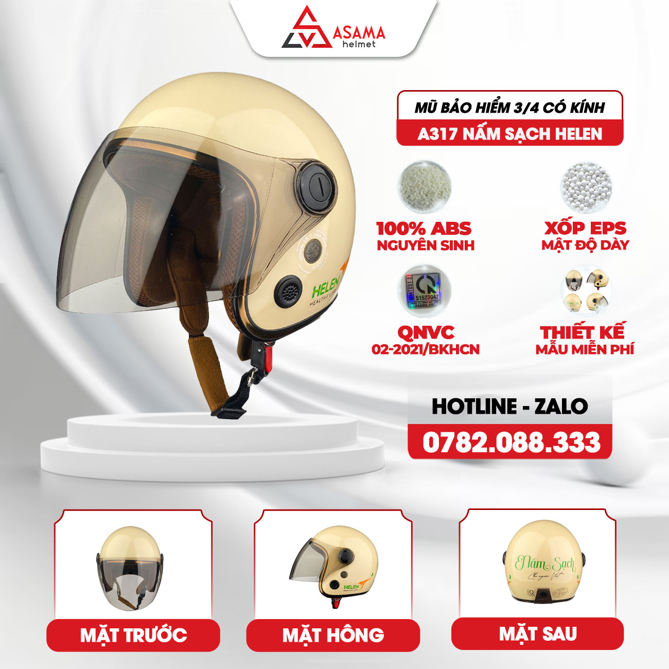 Mũ bảo hiểm 3/4 có kính A317 Nấm sạch Helen