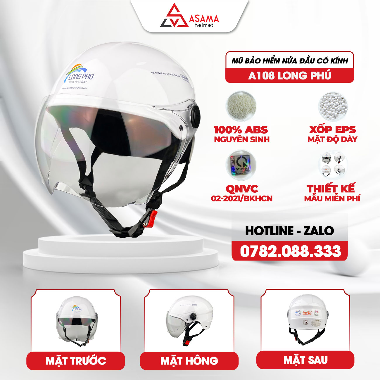 Mũ bảo hiểm nửa đầu có kính A108 Long Phú