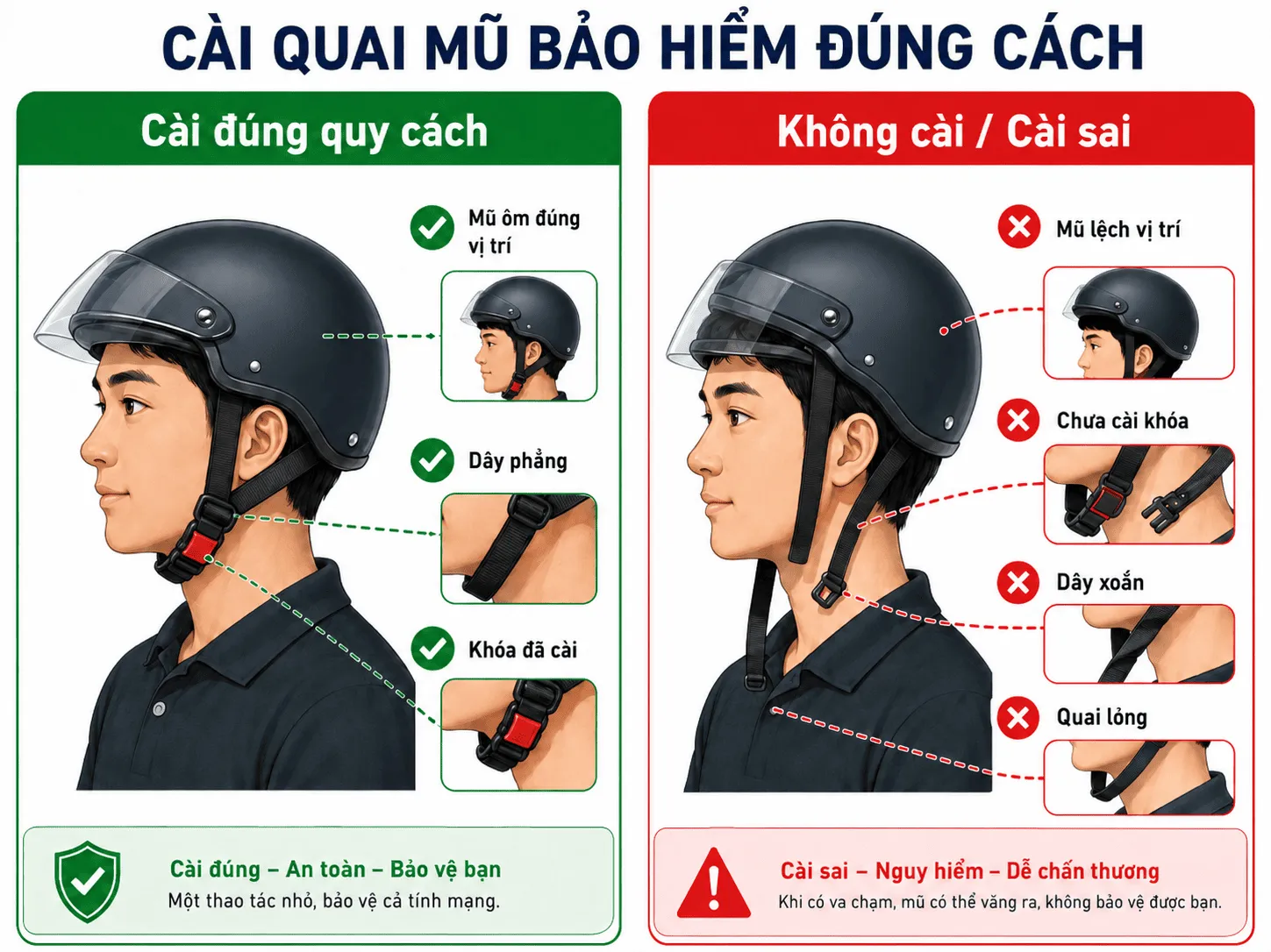 Không cài quai mũ bảo hiểm phạt bao nhiêu - nên lưu ý cài quai đúng quy cách hướng dẫn