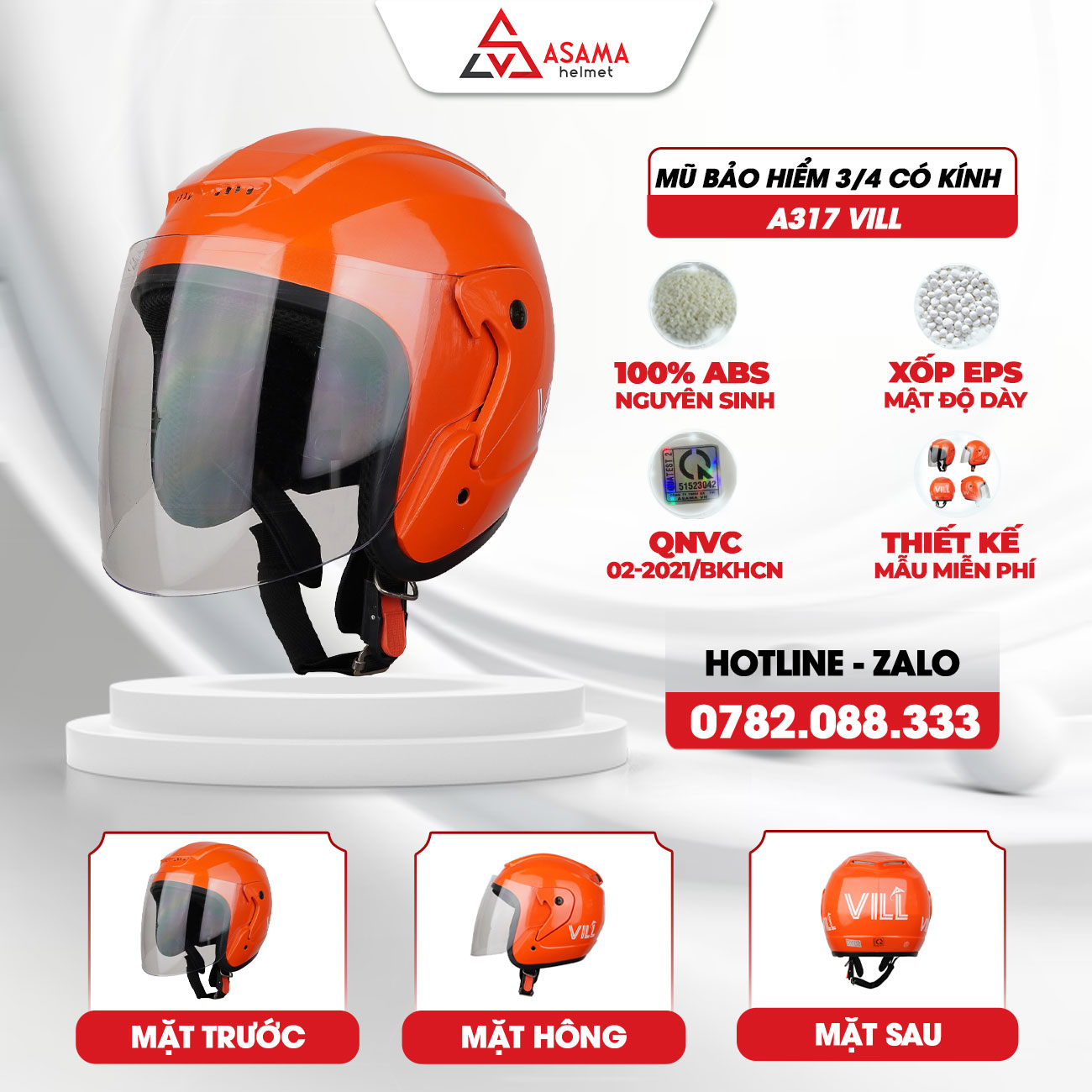 Mũ bảo hiểm 3/4 có kính A317 VILL