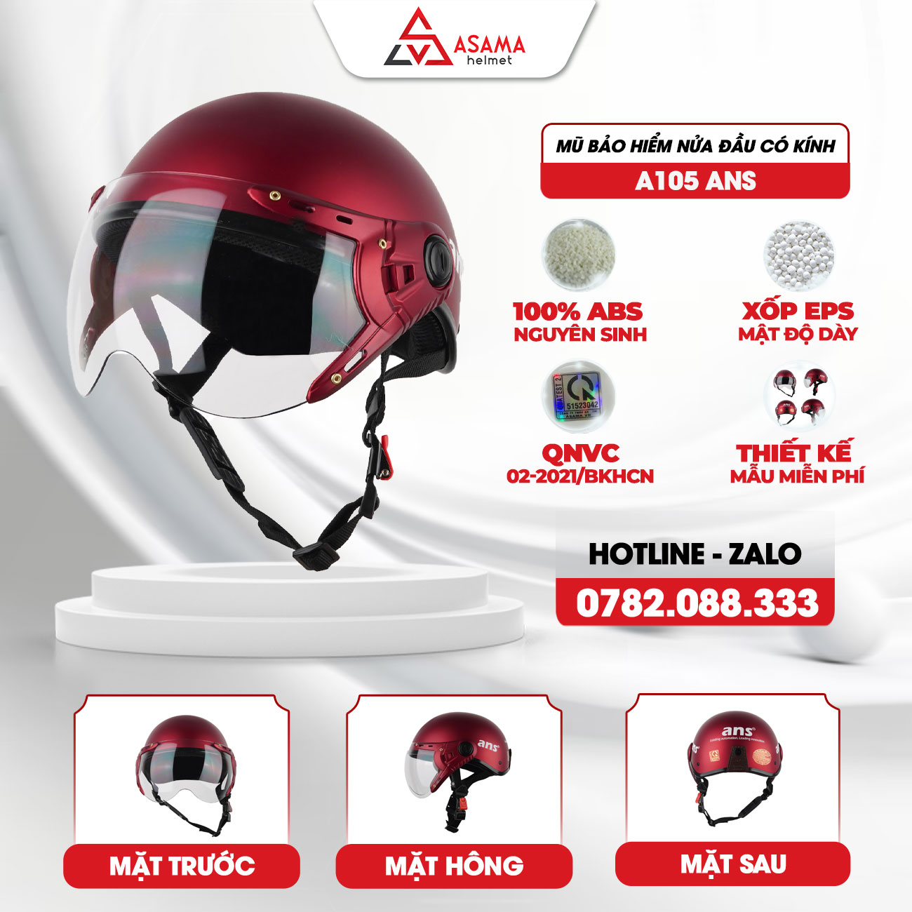 Mũ bảo hiểm nửa đầu có kính A105 ANS