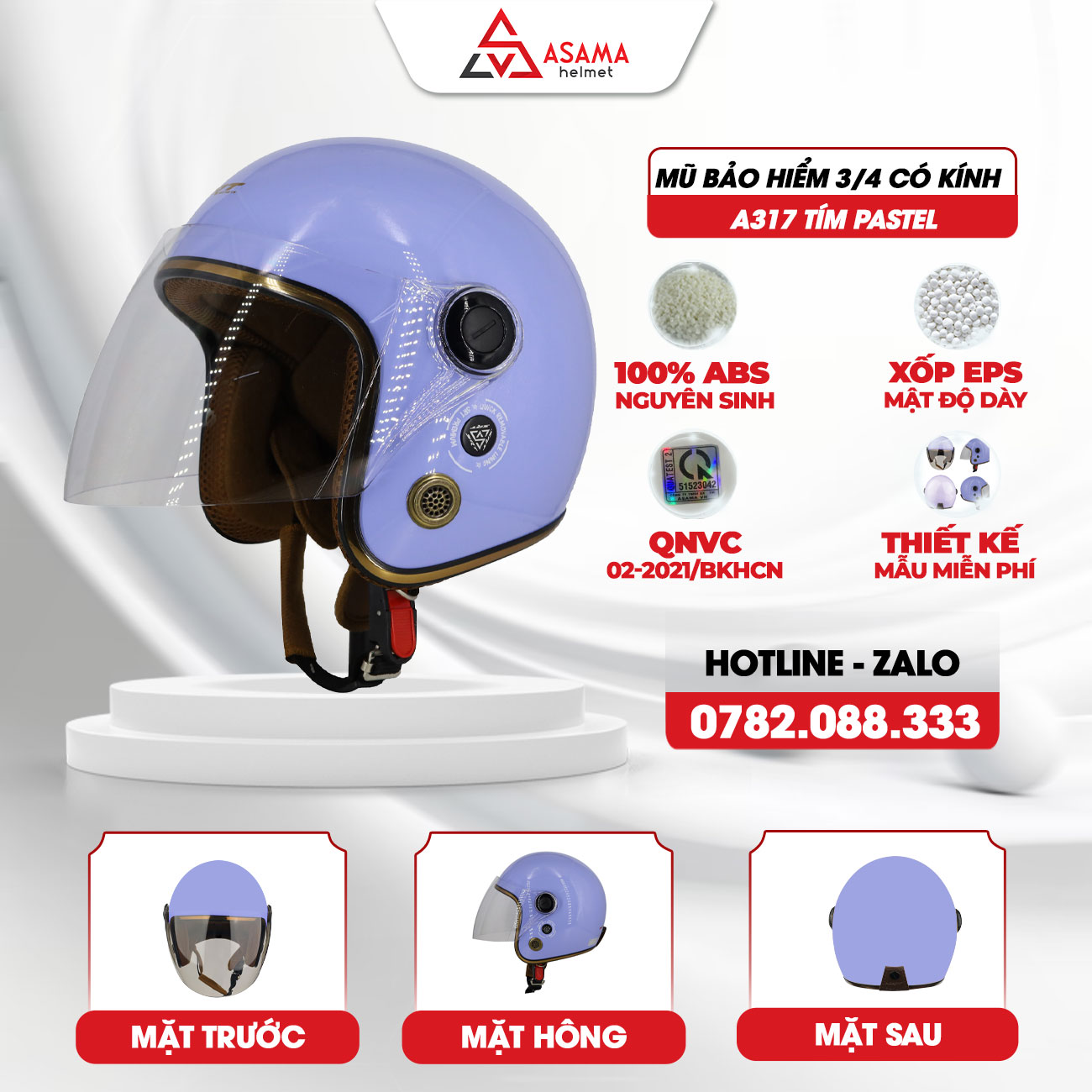 Mũ bảo hiểm 3/4 có kính A317 tím pastel