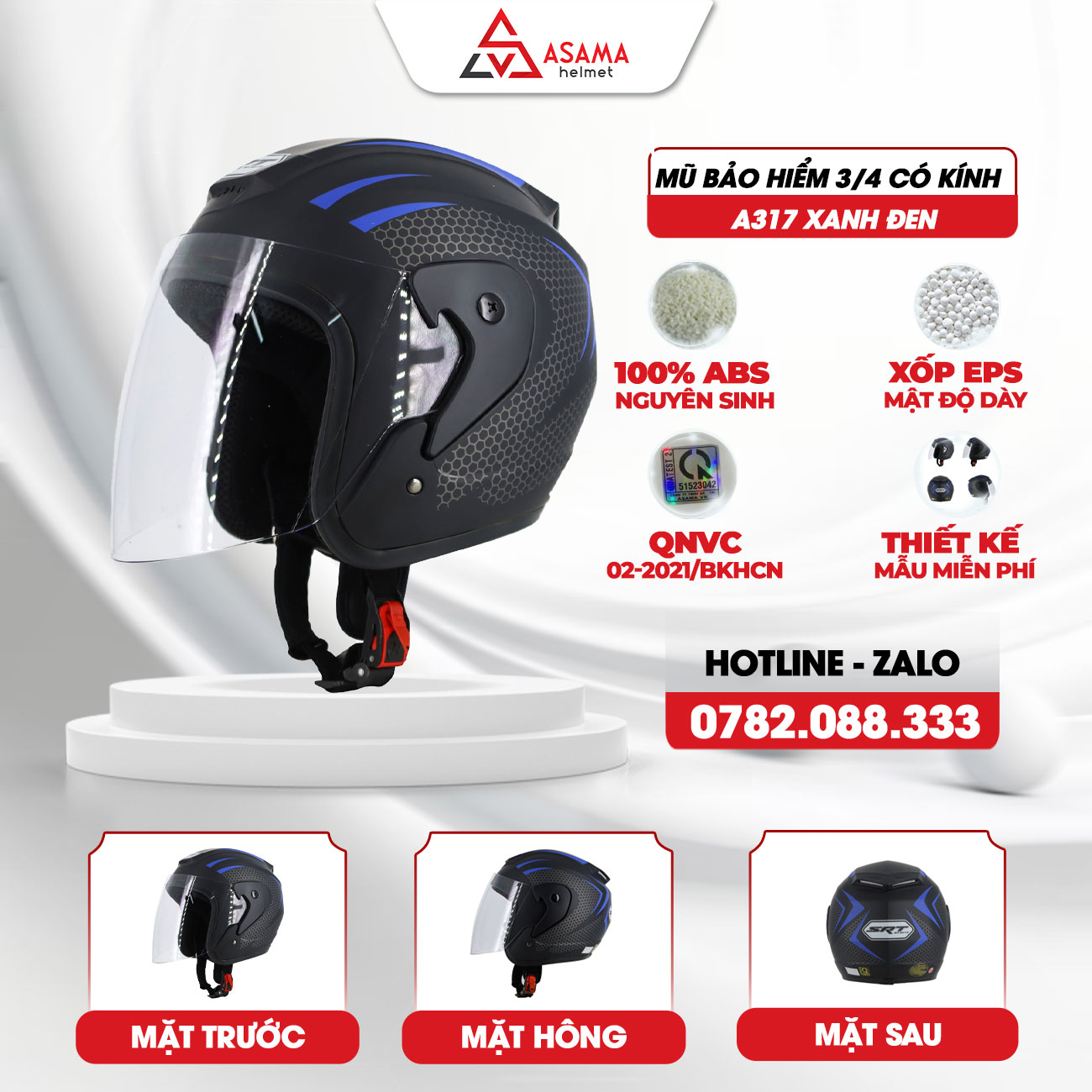 Mũ bảo hiểm 3/4 có kính A317 xanh đen