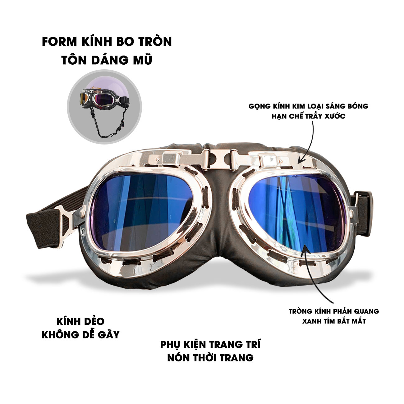 Kính mũ bảo hiểm kính phi công xanh tím