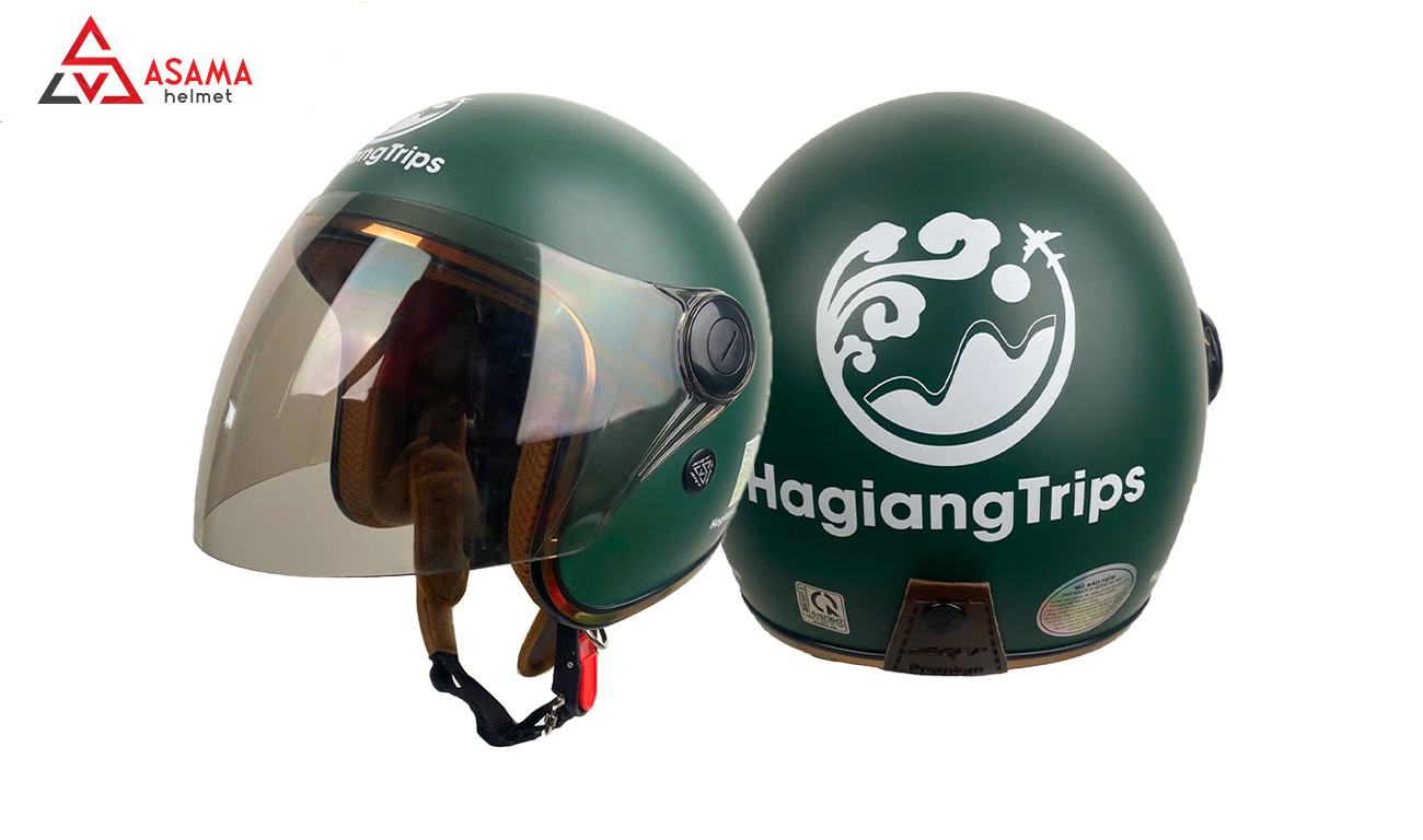 Mẫu mũ bảo hiểm 3/4 in logo xanh rêu nhám