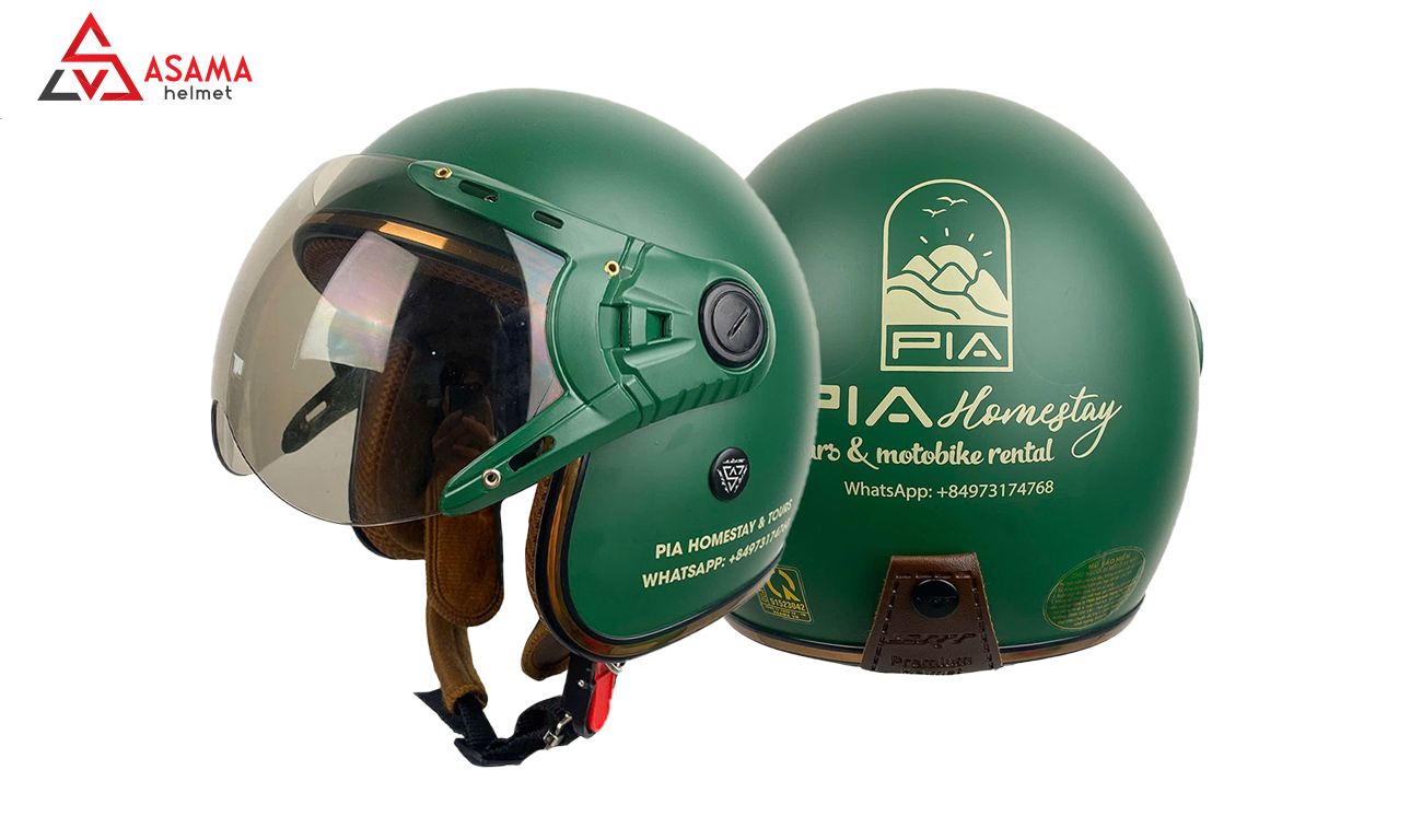 Mẫu mũ 3/4 xanh lá đậm in logo