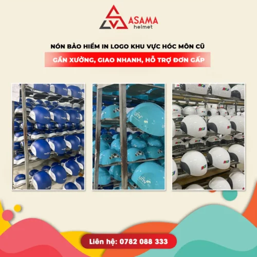 Nón bảo hiểm in logo khu vực Hóc Môn cũ - Gần xưởng, giao nhanh, hỗ trợ đơn gấp